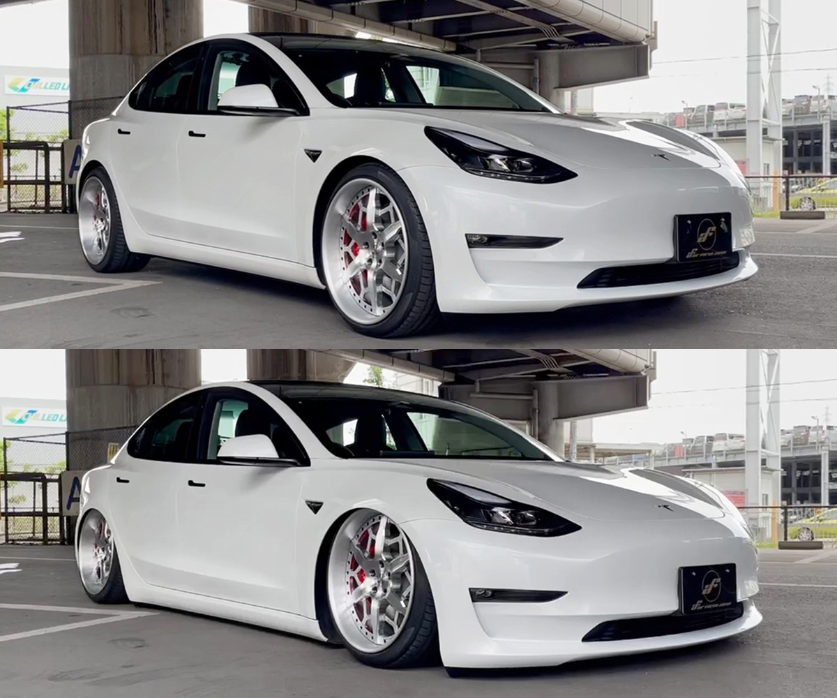 テスラ モデル3 TESLA MODEL 3 カスタム　エアサス　ストローク　custom bagged 鍛造ホイール Wheel